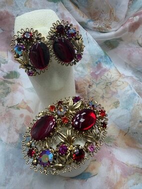 Vintage Austrian Red Glass Cabochon Brooch and Clip Earrings